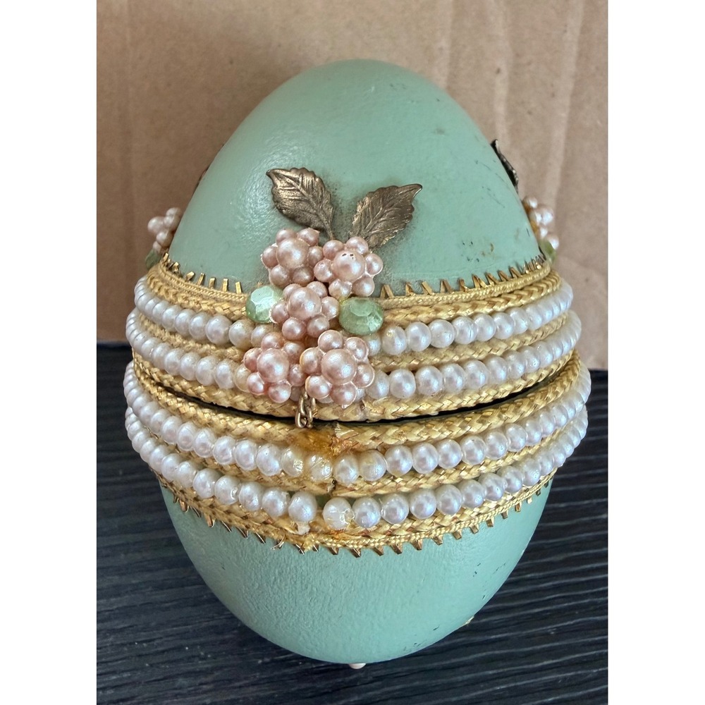 Vintage Diorama Egg Fisherman Boy Dog Scene Faux Pearl Gold Trim Sage Green